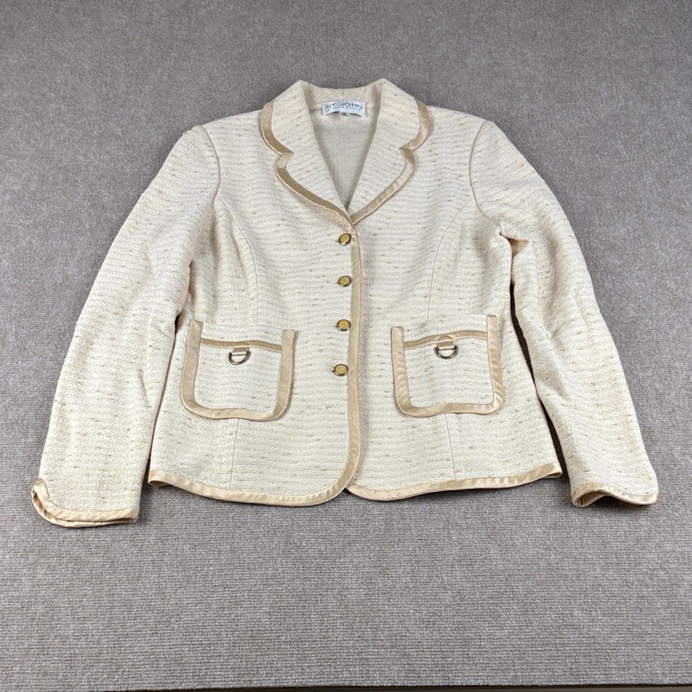 St. John Collection Cream Tweed Blazer Peach Accents Button Up Jacket Size 12
